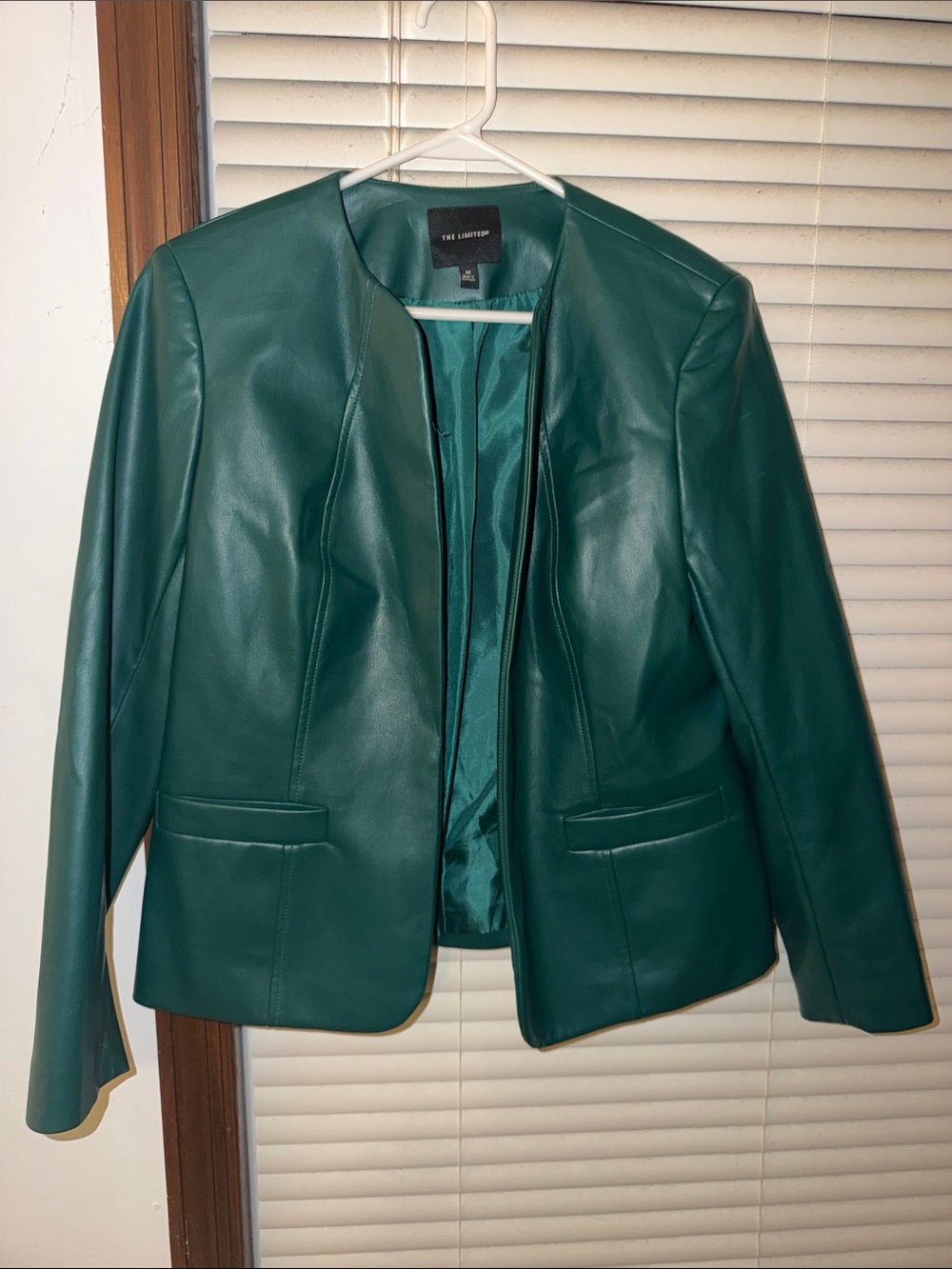 THE LIMITED Emerald Green Faux Leather Collarless Jacket SZ MEDIUM